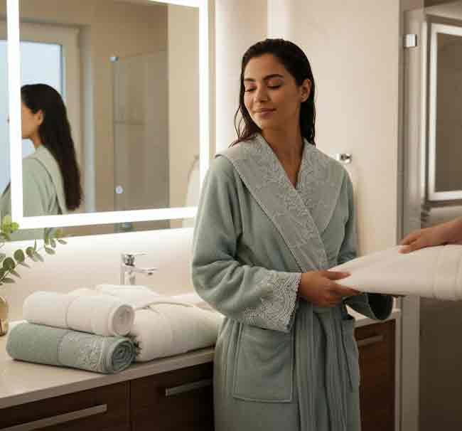 طقم برنس حمام ريلاكس جوبير فاخر - 8 قطع قطن 100% - مطرز بالجوبير الفرنسي