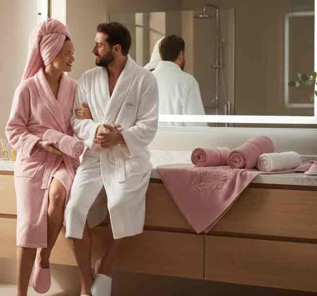 طقم برنس حمام كارما (موديل نسمة) - قطن فاخر - تصميم عصري بألوان هادئة