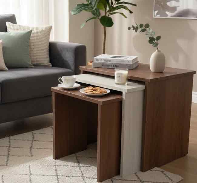 طقم ترابيزات متداخلة 3 قطع (نستنج) - خشب MDF عالي الجودة - تصميم عصري موفر للمساحة