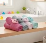 طقم فوط الندى للأطفال - 4 قطع - قطن 100% ناعم جداً - رسومات كرتونية مبهجة وألوان زاهية