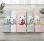 طقم فوط تيفولي (تطريز القطة) - 5 قطع - قطن 100% - ألوان مبهجة وتصميم كلاسيكي